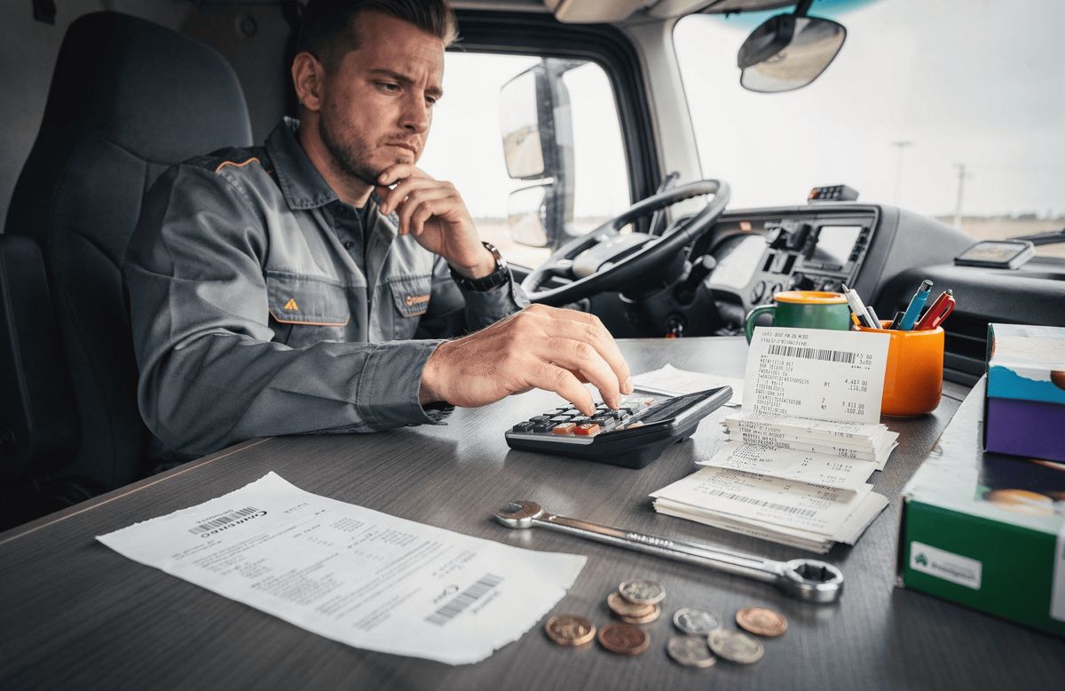 Owner-operator reviewing paperwork in a truck cab