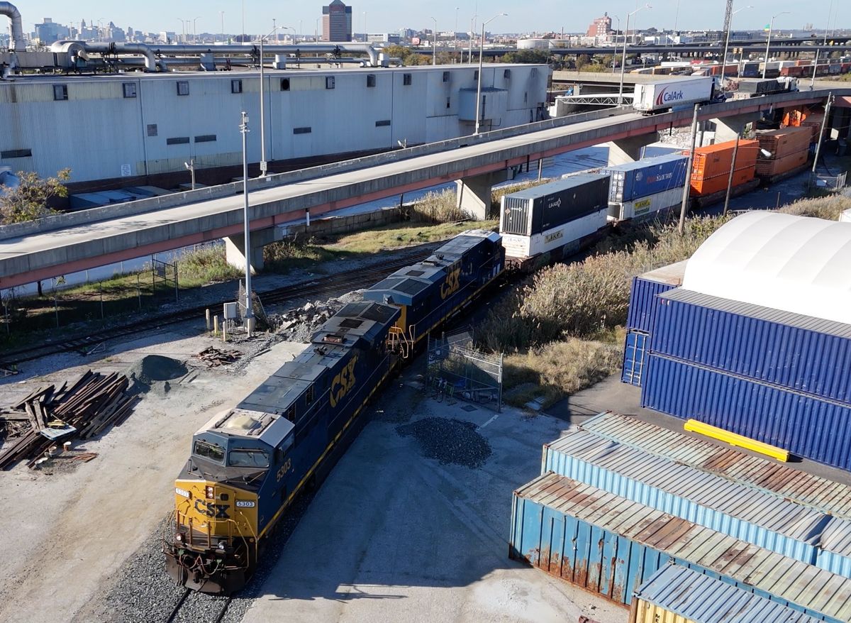 Double-stacked containers on an intermodal train