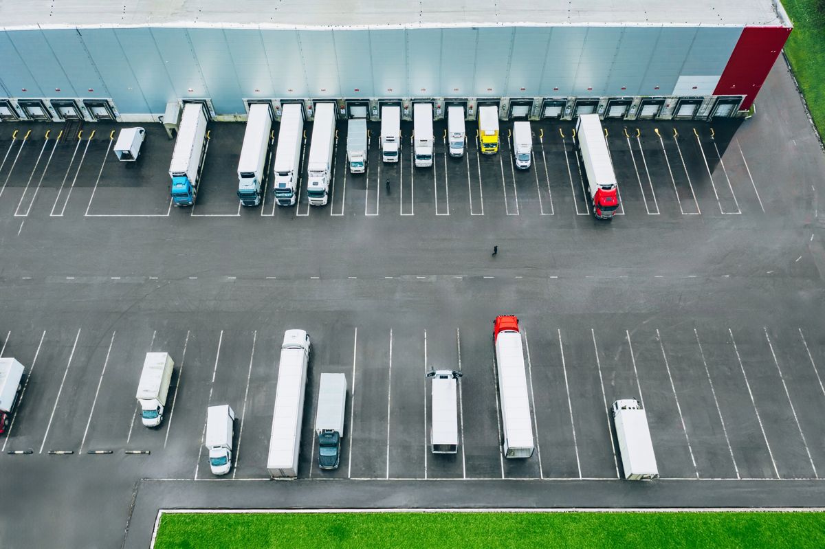 Distribution center with trucks at loading docks
